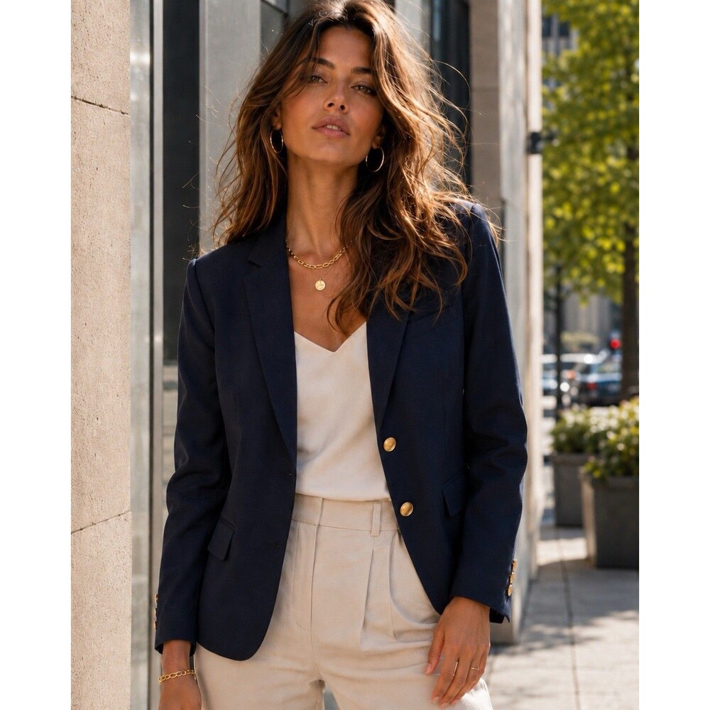 J Crew Italian Wool Blend Ecole Blazer Womens‎ 12 Navy Gold Button Career CN806